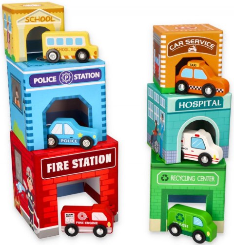 LELIN Piramida Wieża Kubeczki drewniane pojazdy