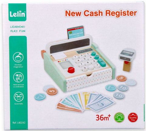 LELIN KASA FISKALNA PASTELOWA DREWNIANA + SKANER