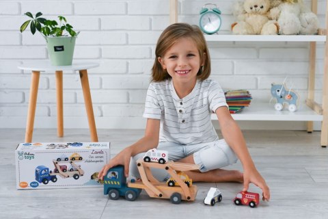 LAWETA DREWNIANA CIĘŻARÓWKA 4 AUTKA POJAZDY RATUNKOWE ADAM TOYS