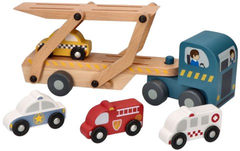 LAWETA DREWNIANA CIĘŻARÓWKA 4 AUTKA POJAZDY RATUNKOWE ADAM TOYS