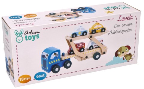 LAWETA DREWNIANA CIĘŻARÓWKA 4 AUTKA POJAZDY RATUNKOWE ADAM TOYS