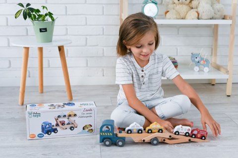 LAWETA DREWNIANA CIĘŻARÓWKA 4 AUTKA POJAZDY RATUNKOWE ADAM TOYS
