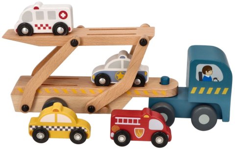 LAWETA DREWNIANA CIĘŻARÓWKA 4 AUTKA POJAZDY RATUNKOWE ADAM TOYS
