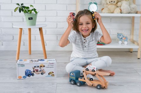 LAWETA DREWNIANA CIĘŻARÓWKA 4 AUTKA POJAZDY RATUNKOWE ADAM TOYS