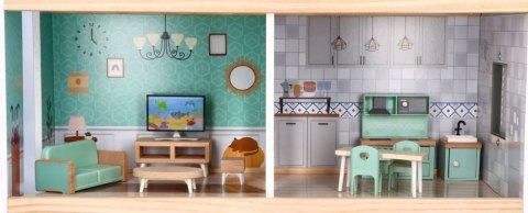 ADAM TOYS DOMEK DLA LALEK DUŻY DREWNIANY Z UMEBLOWANIEM 19 EL. + MEBELKI