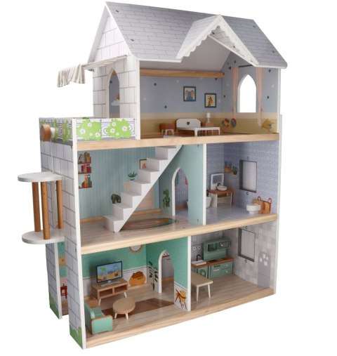ADAM TOYS DOMEK DLA LALEK DUŻY DREWNIANY Z UMEBLOWANIEM 19 EL. + MEBELKI