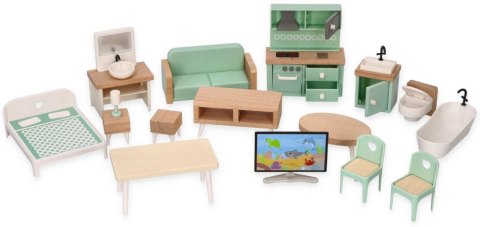 ADAM TOYS DOMEK DLA LALEK DUŻY DREWNIANY Z UMEBLOWANIEM 19 EL. + MEBELKI
