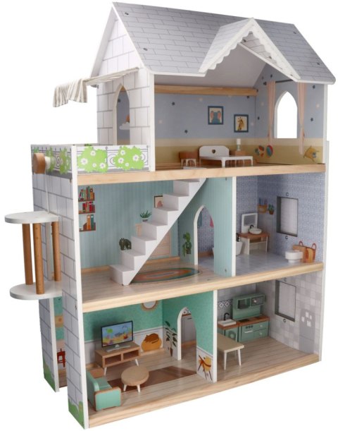 ADAM TOYS DOMEK DLA LALEK DUŻY DREWNIANY Z UMEBLOWANIEM 19 EL. + MEBELKI