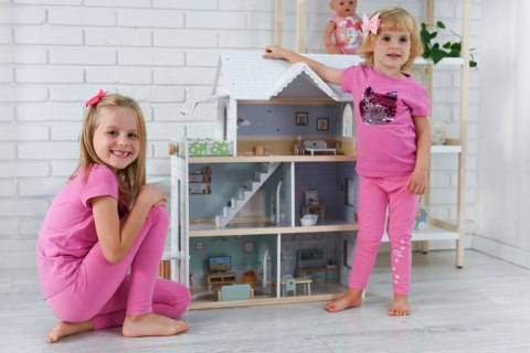 ADAM TOYS DOMEK DLA LALEK DUŻY DREWNIANY Z UMEBLOWANIEM 19 EL. + MEBELKI