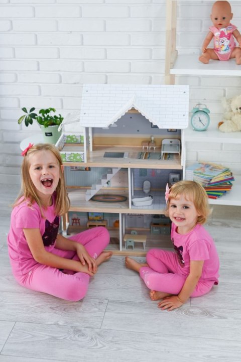 ADAM TOYS DOMEK DLA LALEK DUŻY DREWNIANY Z UMEBLOWANIEM 19 EL. + MEBELKI