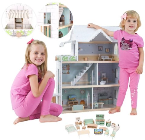 ADAM TOYS DOMEK DLA LALEK DUŻY DREWNIANY Z UMEBLOWANIEM 19 EL. + MEBELKI