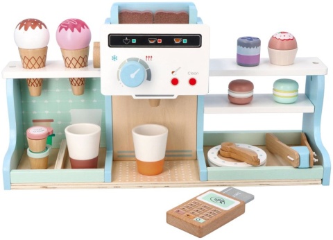 OUTLET ADAM TOYS Drewniana LODZIARNIA KAWIARNIA Z LODAMI, EKSPRES Sklepik Zestaw