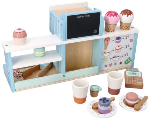 OUTLET ADAM TOYS Drewniana LODZIARNIA KAWIARNIA Z LODAMI, EKSPRES Sklepik Zestaw