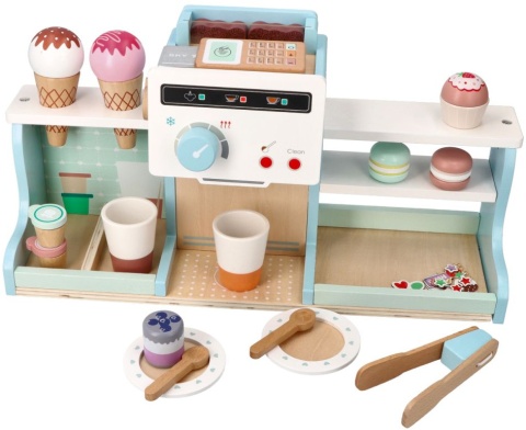 OUTLET ADAM TOYS Drewniana LODZIARNIA KAWIARNIA Z LODAMI, EKSPRES Sklepik Zestaw