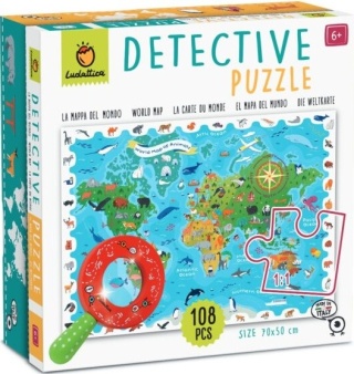 DETECTIVE PUZZLE – puzzle-GRA detektywistyczna – MAPA ŚWIATA ze ZWIERZĘTAMI