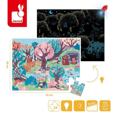 Janod Świecące puzzle z mini-lampką UV Las 24 elementy 3+