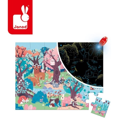Janod Świecące puzzle z mini-lampką UV Las 24 elementy 3+