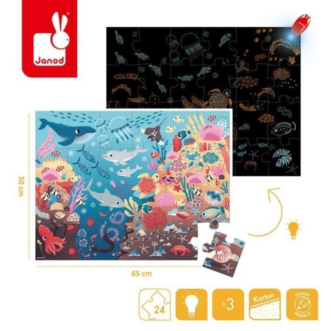 Janod Świecące puzzle z mini-lampką UV Ocean 24 elementy 3+