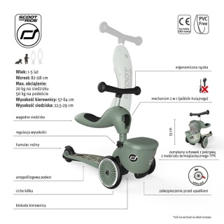 SCOOTANDRIDE Highwaykick 1 Lifestyle 2w1 Jeździk i hulajnoga z zamykanym schowkiem 1-5 lat Green Lines