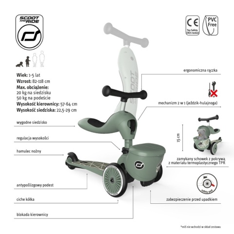 SCOOTANDRIDE Highwaykick 1 Lifestyle 2w1 Jeździk i hulajnoga z zamykanym schowkiem 1-5 lat Green Lines