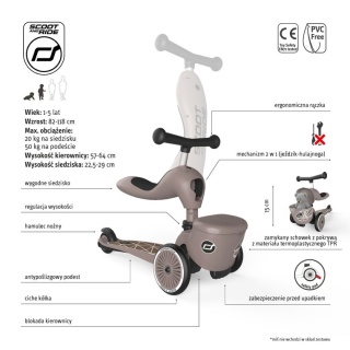 SCOOTANDRIDE Highwaykick 1 Lifestyle 2w1 Jeździk i hulajnoga z zamykanym schowkiem 1-5 lat Brown Lines