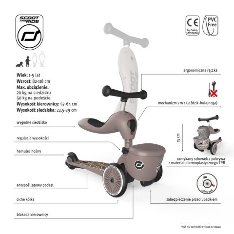 SCOOTANDRIDE Highwaykick 1 Lifestyle 2w1 Jeździk i hulajnoga z zamykanym schowkiem 1-5 lat Brown Lines