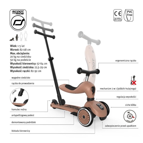 SCOOTANDRIDE Highwaykick 1 Push and Go 2w1 Jeździk i hulajnoga z rączką do prowadzenia 1-5 lat Mocha