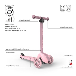 SCOOTANDRIDE Highwaykick 3S Hulajnoga z systemem sterowania 2w1 i kółkami LED składana 3+ Rose