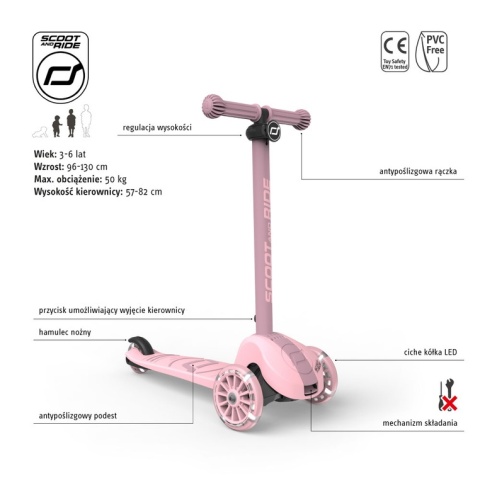 SCOOTANDRIDE Highwaykick 3S Hulajnoga z systemem sterowania 2w1 i kółkami LED składana 3+ Rose