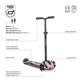 SCOOTANDRIDE Highwaykick 5 LED Hulajnoga trójkołowa balansowa ze świecącymi kółkami 5+ Rose