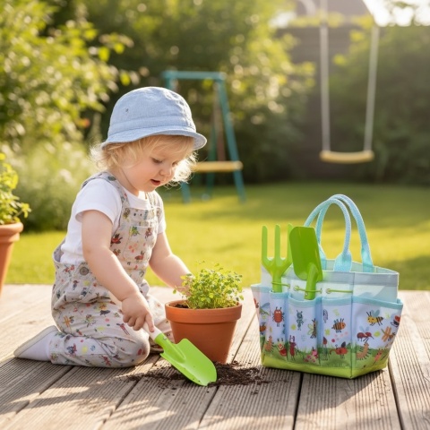 Esschert Design Zestaw 3 narzędzi ogrodowych + torba dla dzieci – Łopatka, Widły, Szpadel