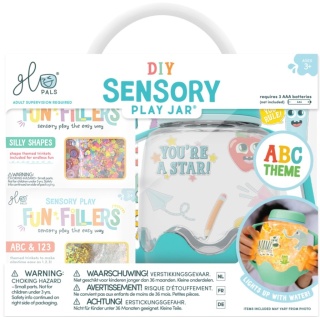 Glo Pals ABC Zestaw sensoryczny DIY, świecący słoik z brokatami i figurkami Fun Fillers + naklejki gratis