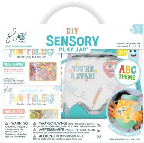 Glo Pals ABC Zestaw sensoryczny DIY, świecący słoik z brokatami i figurkami Fun Fillers + naklejki gratis