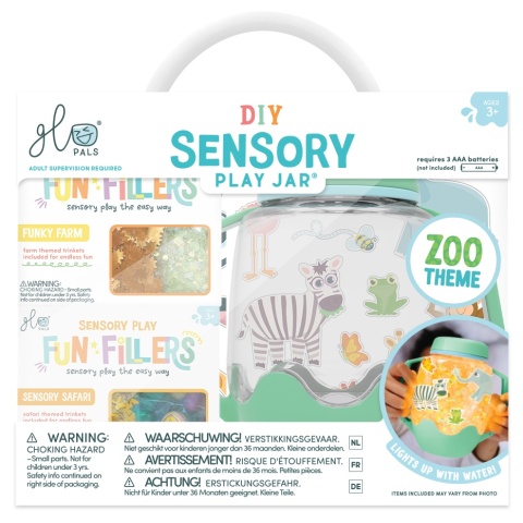 Glo Pals ZOO Zestaw sensoryczny DIY, świecący słoik z brokatami i figurkami Fun Fillers + naklejki gratis