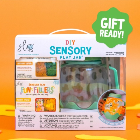 Glo Pals ZOO Zestaw sensoryczny DIY, świecący słoik z brokatami i figurkami Fun Fillers + naklejki gratis