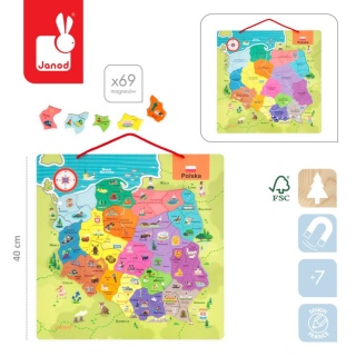 Janod Puzzle magnetyczne Mapa Polski 69 magnesów 7+