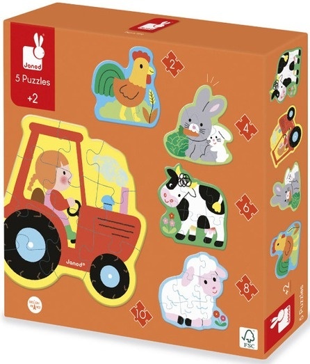 Janod Puzzle progresywne 5 układanek - 2, 4, 6, 8 i 10 el. Farma 2+