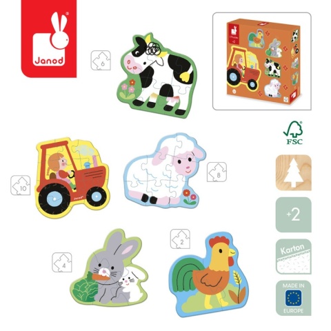 Janod Puzzle progresywne 5 układanek - 2, 4, 6, 8 i 10 el. Farma 2+
