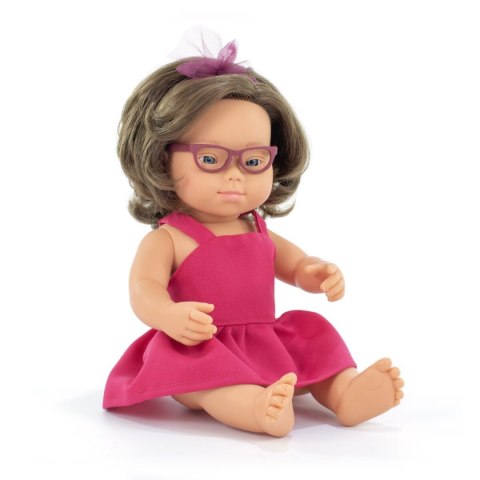Miniland Lalka w ubranku dziewczynka z zespołem Downa i okularami Europejka brunetka 38cm
