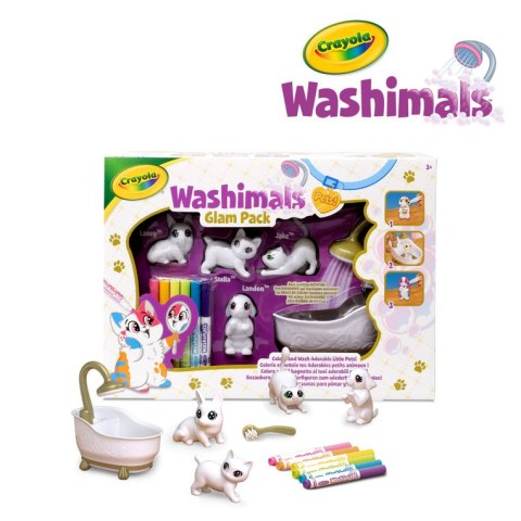 Crayola Figurki do malowania i mycia - zestaw zwierzątka 4 szt, flamastry zmywalne 6 szt., szczoteczka, wanna Washimals Kotki Gl
