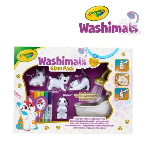 Crayola Figurki do malowania i mycia - zestaw zwierzątka 4 szt, flamastry zmywalne 6 szt., szczoteczka, wanna Washimals Kotki Gl