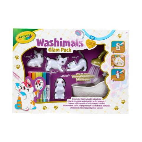 Crayola Figurki do malowania i mycia - zestaw zwierzątka 4 szt, flamastry zmywalne 6 szt., szczoteczka, wanna Washimals Kotki Gl