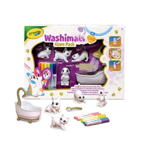 Crayola Figurki do malowania i mycia - zestaw zwierzątka 4 szt, flamastry zmywalne 6 szt., szczoteczka, wanna Washimals Kotki Gl