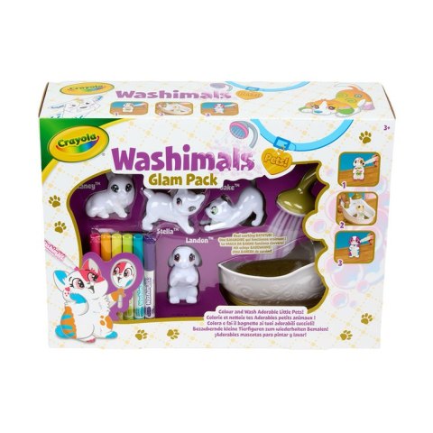 Crayola Figurki do malowania i mycia - zestaw zwierzątka 4 szt, flamastry zmywalne 6 szt., szczoteczka, wanna Washimals Kotki Gl