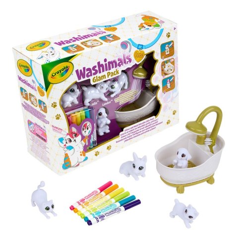 Crayola Figurki do malowania i mycia - zestaw zwierzątka 4 szt, flamastry zmywalne 6 szt., szczoteczka, wanna Washimals Kotki Gl