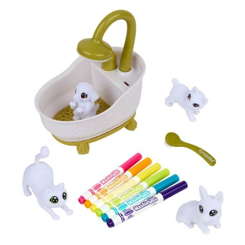 Crayola Figurki do malowania i mycia - zestaw zwierzątka 4 szt, flamastry zmywalne 6 szt., szczoteczka, wanna Washimals Kotki Gl