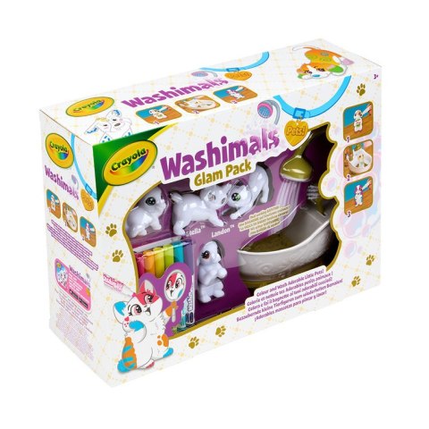 Crayola Figurki do malowania i mycia - zestaw zwierzątka 4 szt, flamastry zmywalne 6 szt., szczoteczka, wanna Washimals Kotki Gl