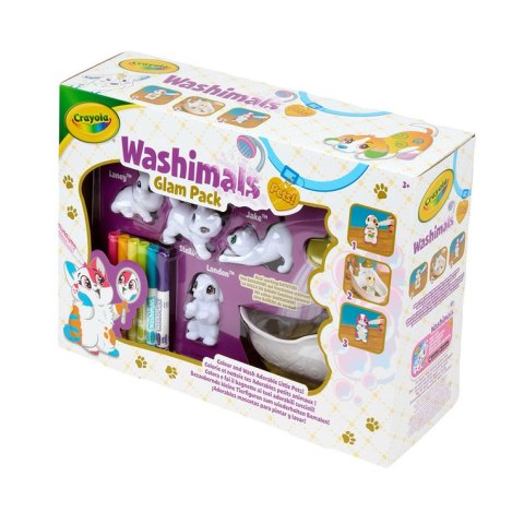 Crayola Figurki do malowania i mycia - zestaw zwierzątka 4 szt, flamastry zmywalne 6 szt., szczoteczka, wanna Washimals Kotki Gl