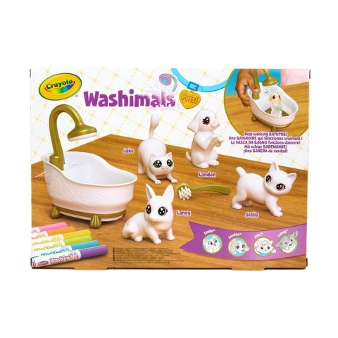 Crayola Figurki do malowania i mycia - zestaw zwierzątka 4 szt, flamastry zmywalne 6 szt., szczoteczka, wanna Washimals Kotki Gl