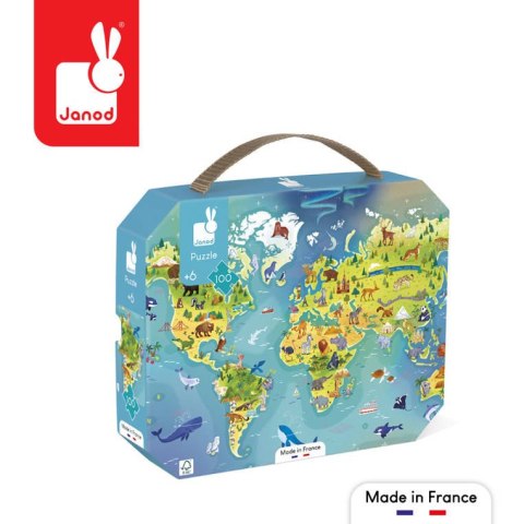 Janod Puzzle w walizce Mapa świata 100 elementów 6+ Made in France